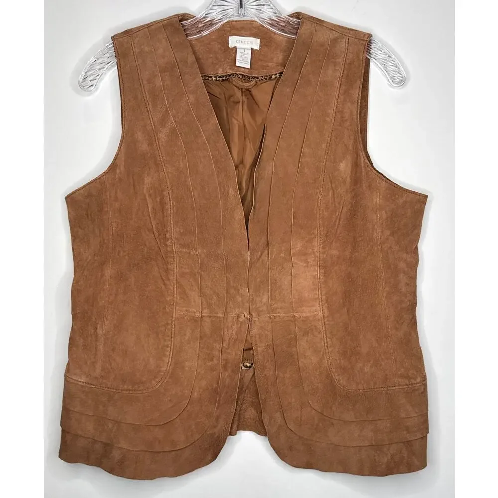 Chico’s Suede Leather Vest Brown Scalloped Hem western cowgirl Size 1 Medium